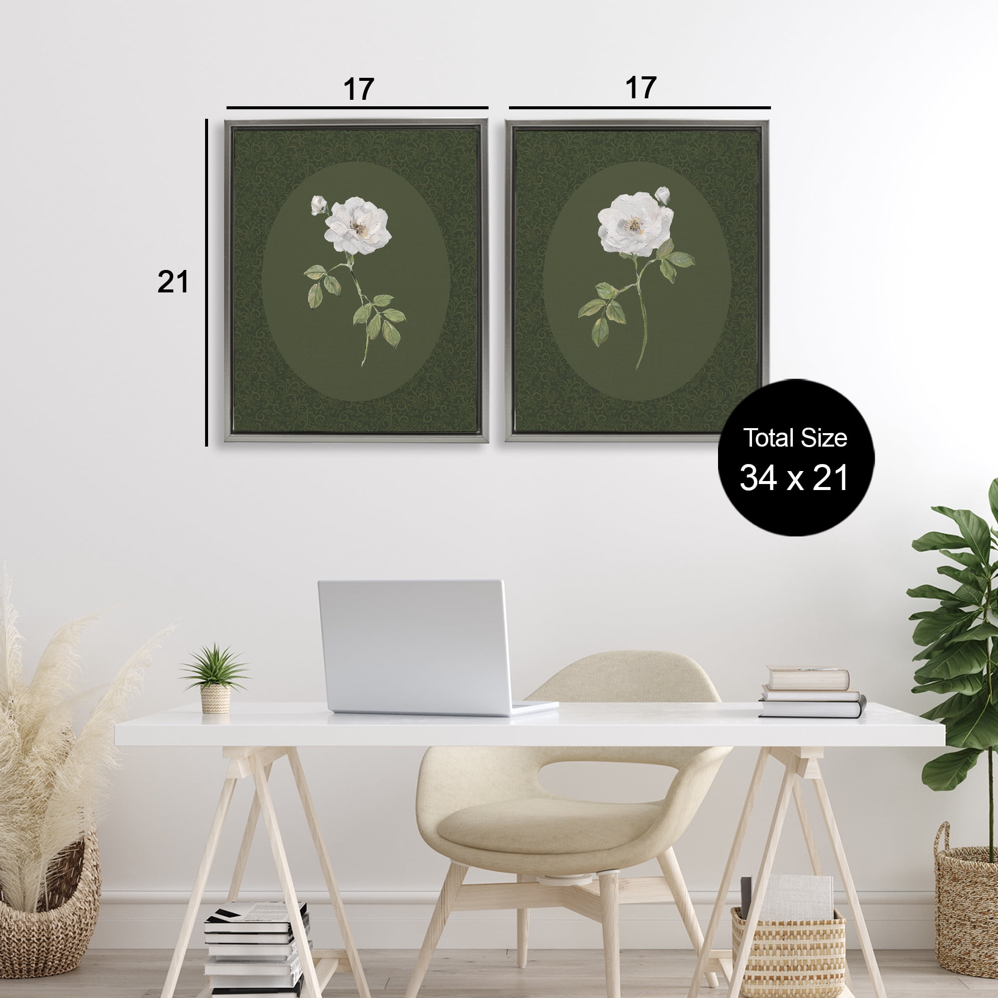 Stupell Industries Ornate Rose Studies over Emerald 2 Piece Gray Framed Floater Canvas Set, design by Sally Swatland