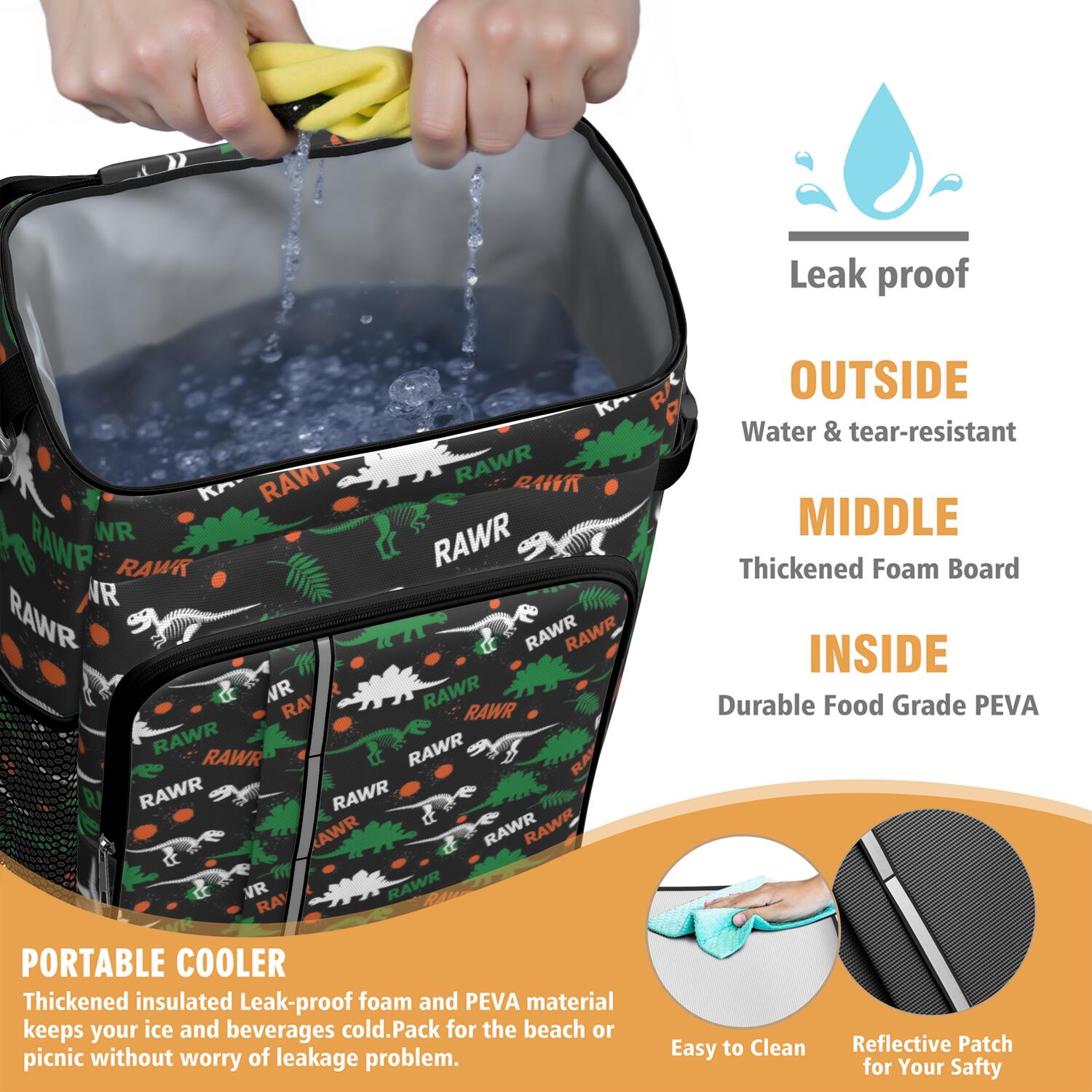 Travel Cooler Bag - Black Rawr Dinosaur Skeleton Pattern Camping Beer Cooler Backpack with Bottle Opener- Waterproof Insulated Picnic Backpacks - Cooler Bag for Beach