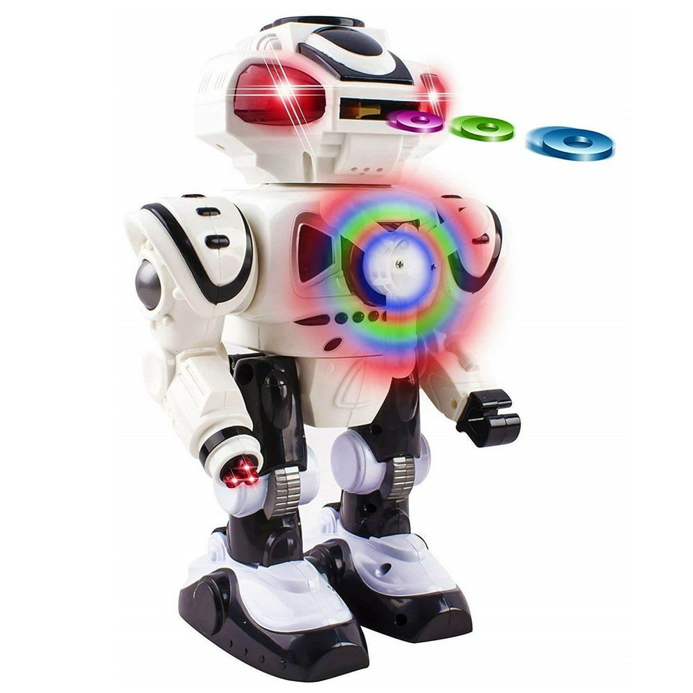 Super Android Toy Robot With Disc Shooting Walking Flashing Lights And