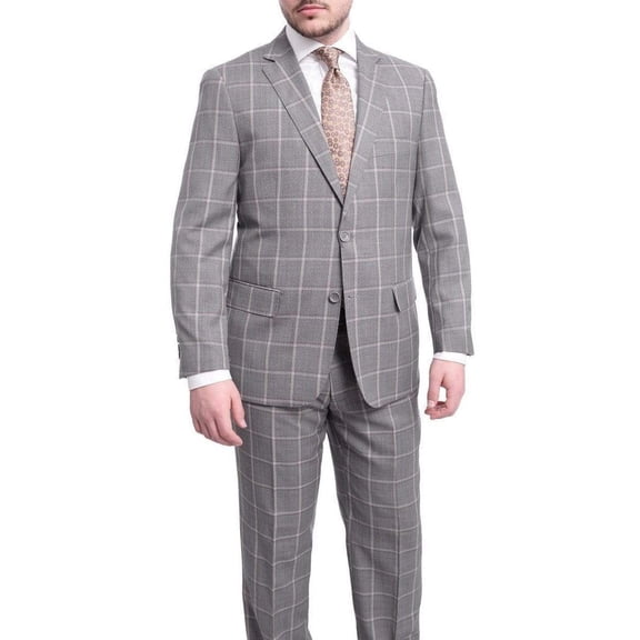 Mens Classic Fit Gray Step With Gray & Taupe Windowpane Two Button Wool Suit
