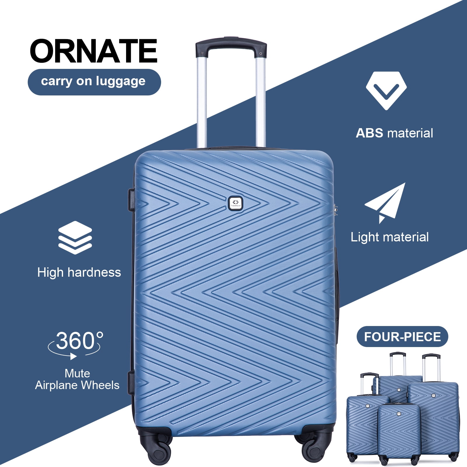 Travelhouse 4 Piece Hardshell Luggage Set Hardside Lightweight Suitcase with TSA Lock Spinner Wheels Blue