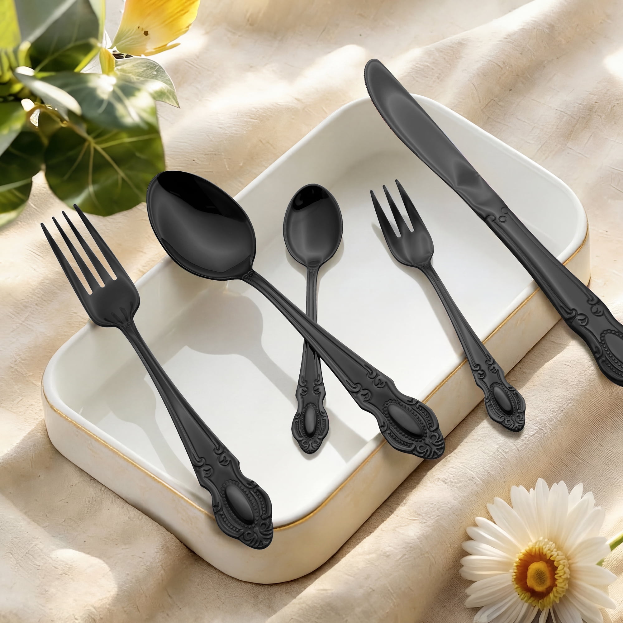 Unique Bargains 20 Piece Stainless Steel Flatware Set for Modern Cutlery Set Black