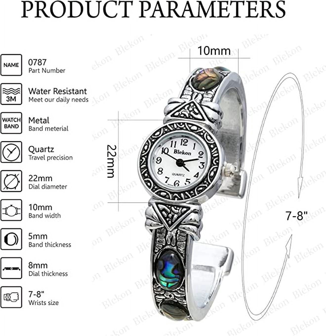 Blekon Collections Womens 22mm Case Graved Stones Large Cuff Bangle Watch (Fits Wrists Up to 7-8 inches)