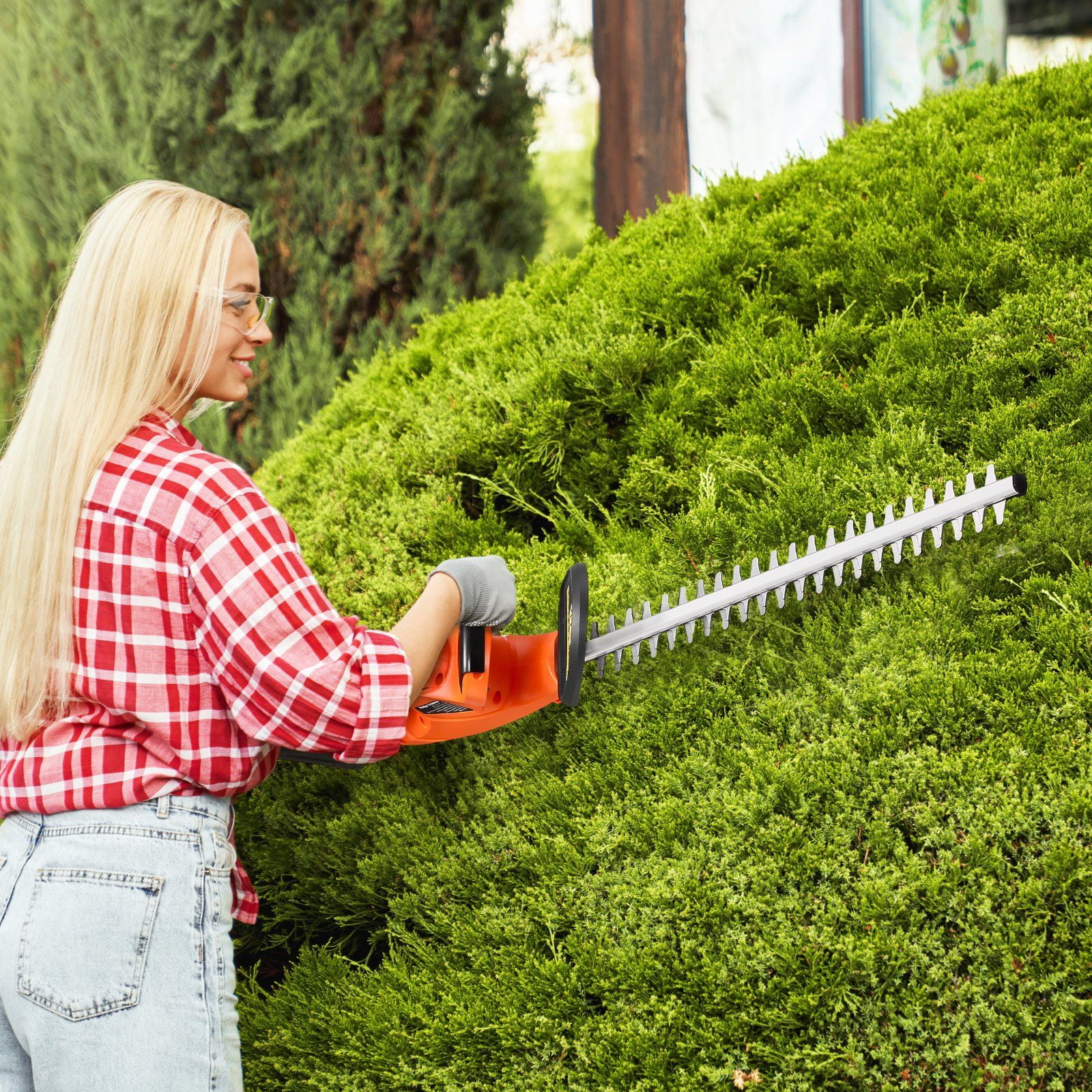 Cordless Electric Hedge Trimmer with 20V Rechargeable Battery and 20in Dual-Action Blade, Lightweight Bush Cutter with Powerful Motor, Safety Dual-Switch Design, and Extended Runtime