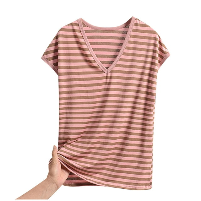 Bocqde Hauts de Pyjama d'Été pour Femmes Grande Taille Mode à Rayures Imprimées T-Shirt de Pyjama à Col en V pour Femmes Coupe Décontractée Confortable Manches Courtes Hauts de Détente