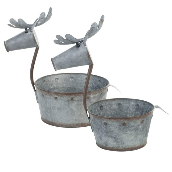 Napco Galvanized Silvertone Deer 12.25 x 8.25 Metal Decorative Planter, Set of 2