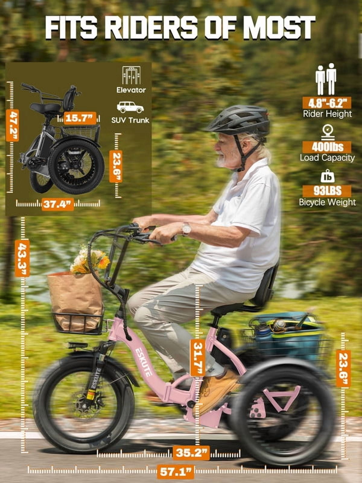 ESKUTE T300 E Trike Electric Tricycle for Adults, 750W Brushless Motor 18MPH+ Fat Tire Folding Trike, Step-Thru 3 Wheel Electric Bicycle, Up to 55 Miles Pink, UL2849