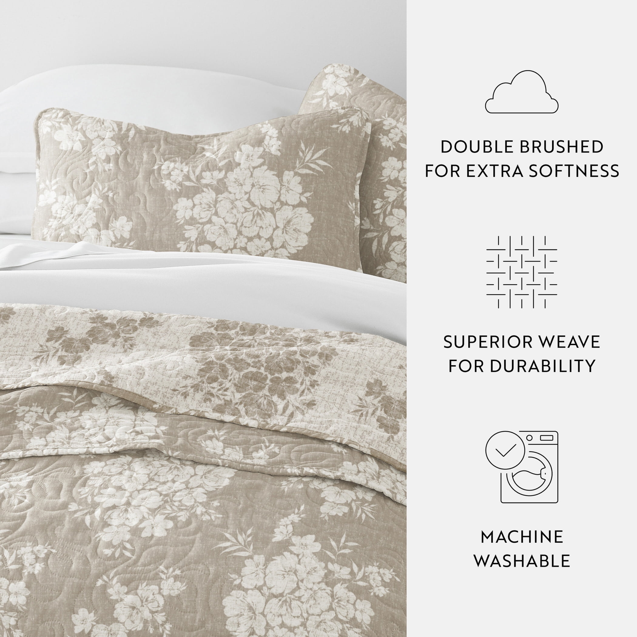 Noble Linens 3-Piece Taupe Distressed Bouquet Reversible Quilt Set, Queen