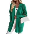 thumbnail image 3 of Women Solid Tone Open Front V Neck Side Pockets Oversized Mid Length Loose Casual Knit Cardigan Green L, 3 of 7