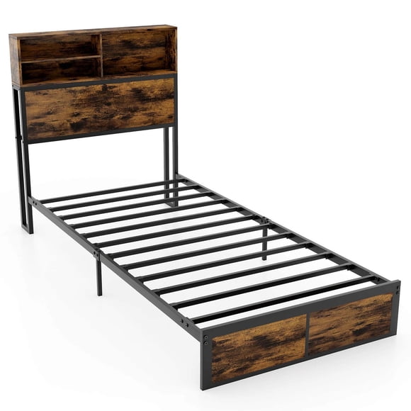 Costway Twin Bed Frame with Charging Station Storage Headboard Under-bed Storage Space