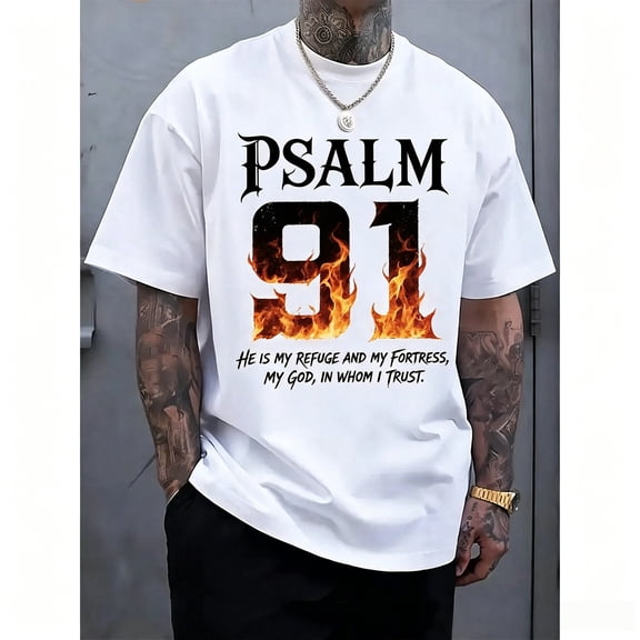 Men's Psalm 91 Religious Graphic T-Shirt Black With White Inspirational Bible