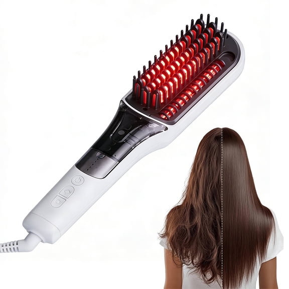 Professional Steam Hair Straightener Brush, 3 in 1 Steam Hair Straightener Comb Brush with 4 Heat Settings for Fine, Curly & Frizzy Hair, Steam Reduces Damage, Nourishes Hair, White (Plug-in Model)
