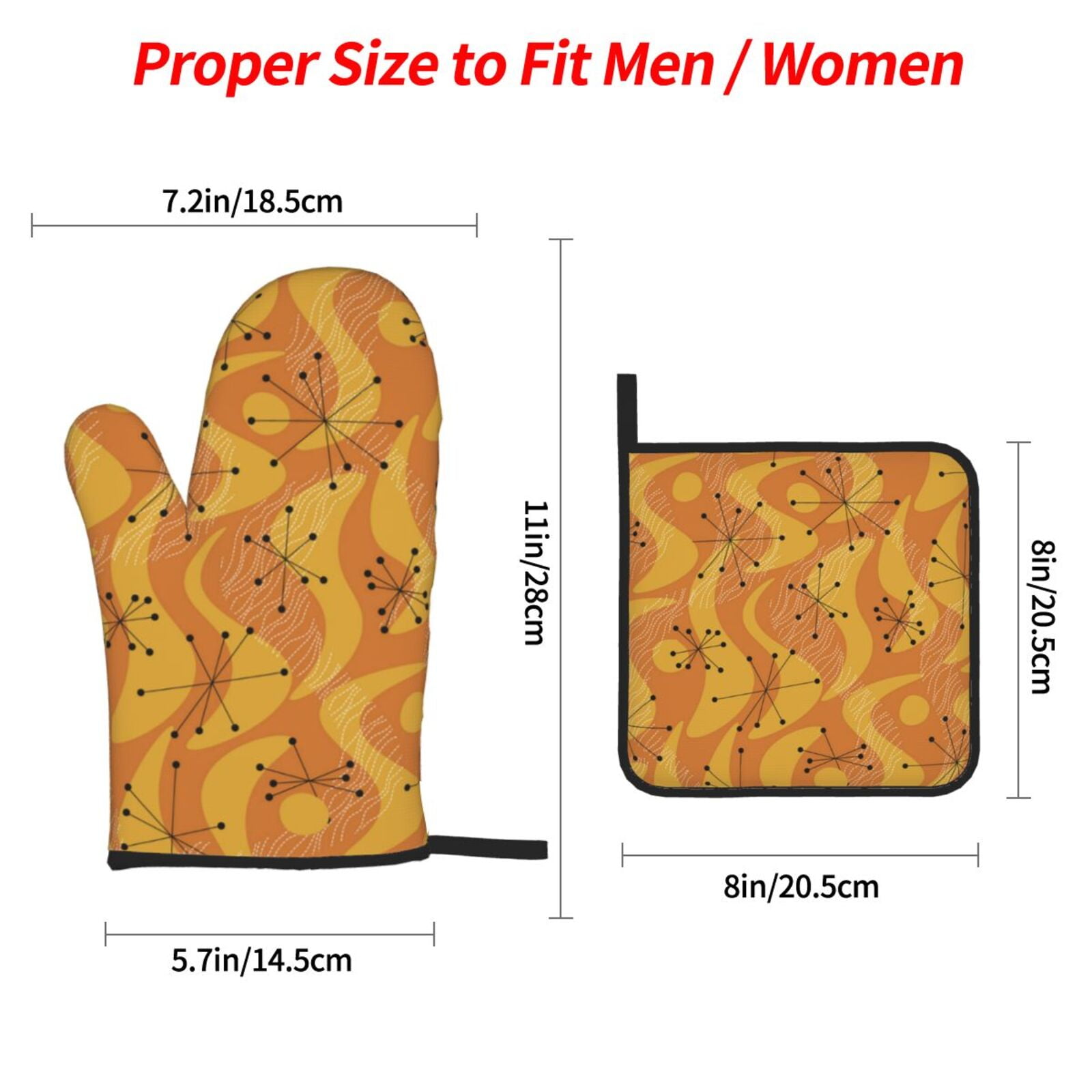Orange Geometric Atomic Modern Midcentury 4Pcs Oven Mitts and Pot Holders Sets Oven Kitchen Gloves Hot Pads for Cooking BBQ Baking Grilling
