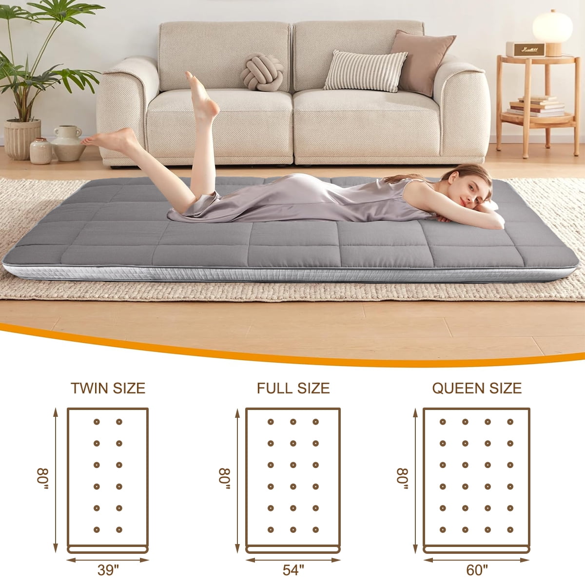 CshidWorld Japanese Floor Mattress, Futon Mattress w/Storage Bag & Washable Cover, Roll up Floor Mattress 4” Thick Tatami Mattress Quilted Bed Mattress Topper for Dorm, Guest Room, Gray, Queen