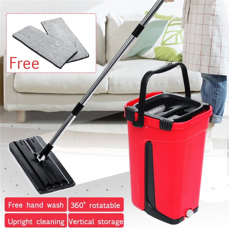 E-Day Smart Flat Mop Bucket with Wringer for Home Kitchen Floor Cleaning Microfiber Mop System with Bucket and 2 Washable Mop Pads Red Dry or Wet Floor Mop Set with Self-Cleaning System 