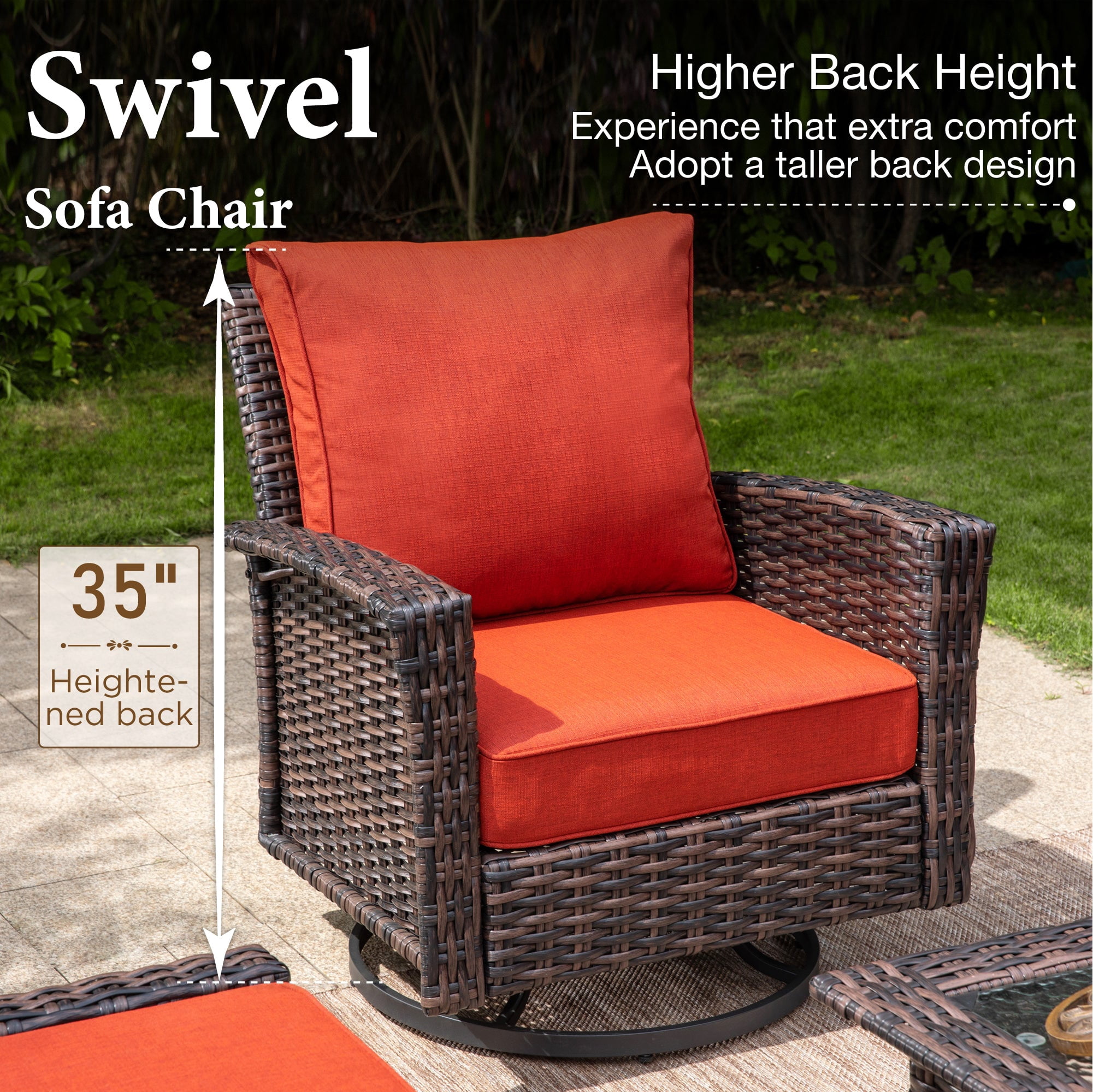 SUMMIT LIVING 9-Seat Patio Furniture Set with 56" Gas Fire Pit Table (50,000 BTU), Wicker Sectional  Outdoor Conversation Set with Swivels Chairs, Red