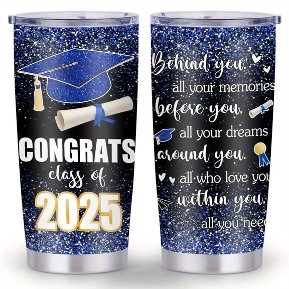 1pc 20oz Water Graduation Tumbler with Lid - Vacuum Insulated Double-Walled Travel Cup, BPA-Free, Congrats 2025 Design w/Sparkling Blue Glitter & Golden Cap Motivational Quotes