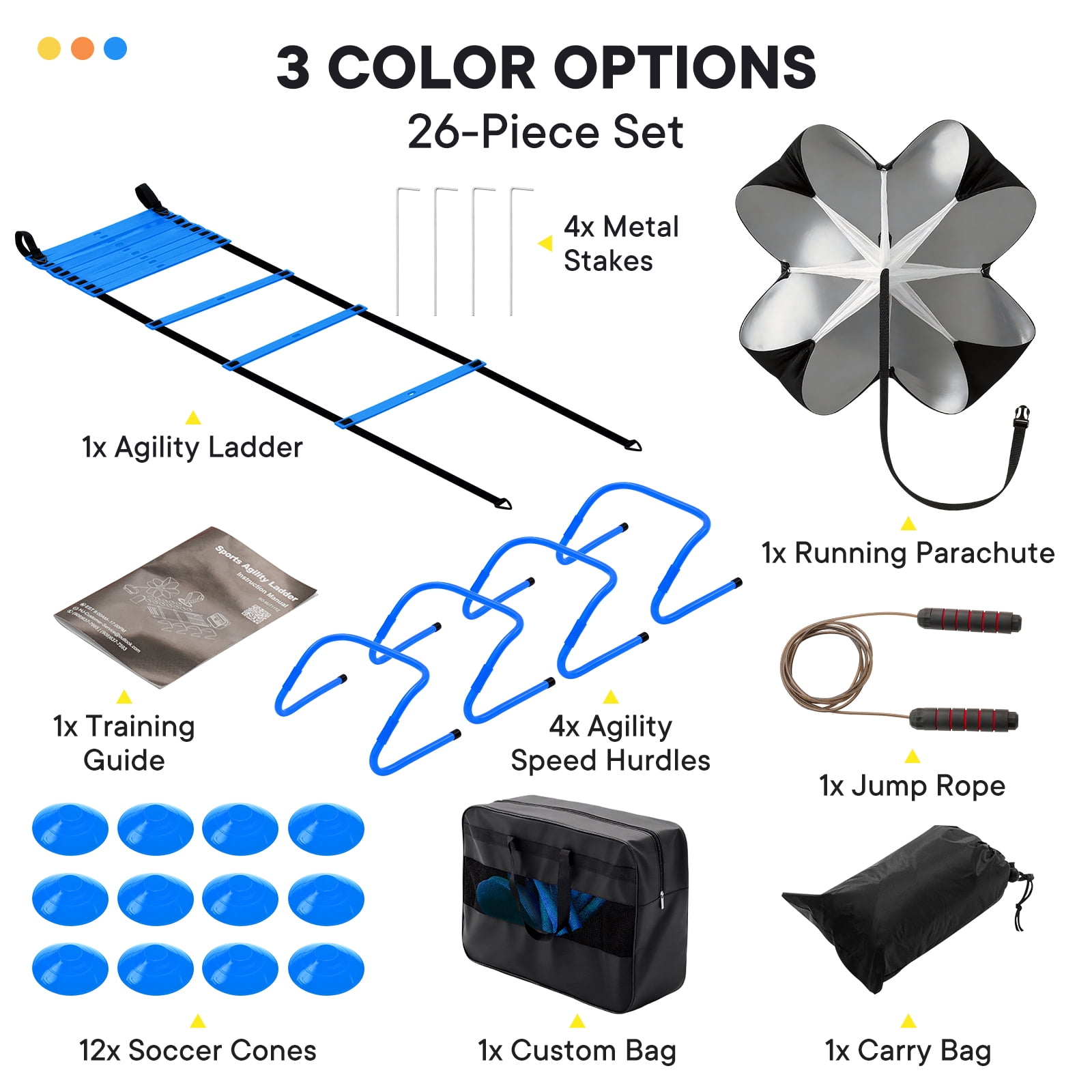 CONCETTA Agility Ladder Training Set with Speed Parachute, Hurdles, Cones, Jump Rope, Athletic Speed & Coordination Workouts Equipment, Blue