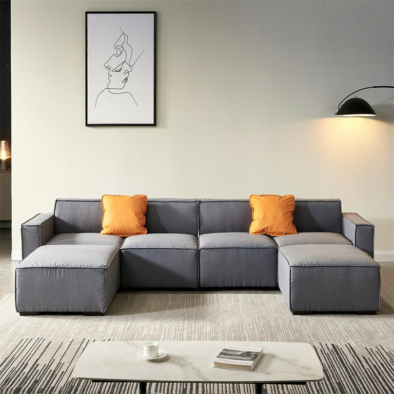 Modular Sectional Sofa U Shape with Convertible Ottoman Chaise Comfy Modern Upholstered Cushion Modular Sofa Couch with Wooden Legs and 2 Pillows for