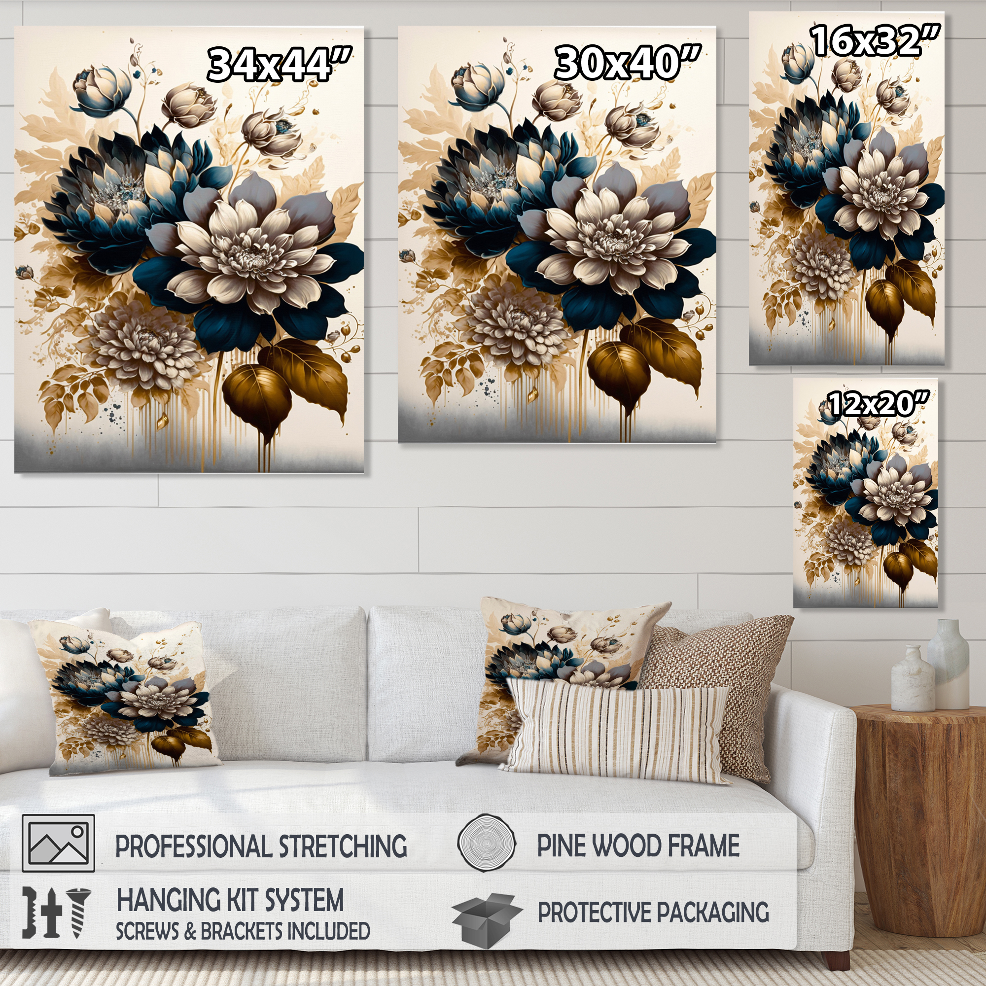 Designart Blue And Gold Dahlia Bunch I Canvas Wall Art