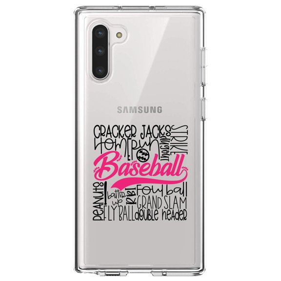 DistinctInk Clear Shockproof Hybrid Case for Samsung Galaxy Note 10 (6.3" Screen) - TPU Bumper Acrylic Back Tempered Glass Screen Protector - Baseball Word Art - Black & Pink