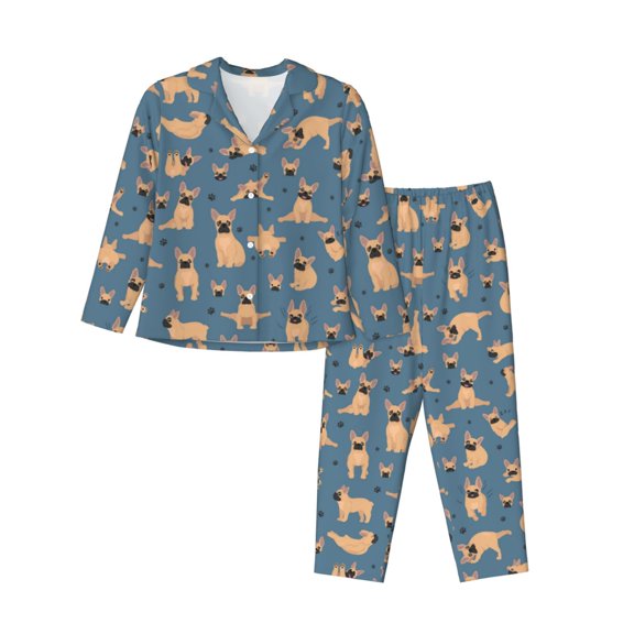 Pajamas for Women Set - French Bulldog Yoga Comfy Long Sleeve Button Up Pajama Sets for Women 2 Piece, Soft Sleepwear Nightwear Pjs Lounge Sets for Women with Pockets