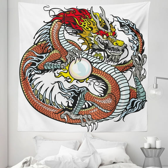 Dragon Tapestry, Traditional Chinese Creature Holding a Large Pearl Zodiac Signs Folk Tattoo Graphic, Fabric Wall Hanging Decor for Bedroom Living Room Dorm, 5 Sizes, Multicolor, by Ambesonne