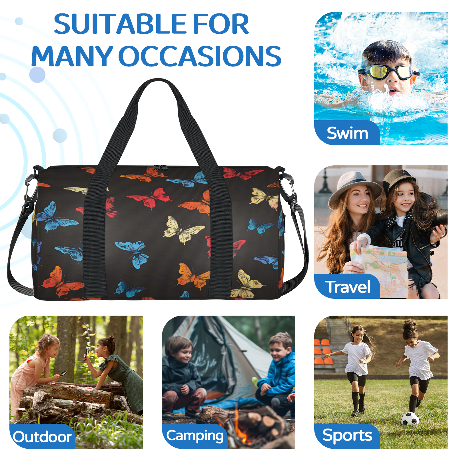 Herdesigns Butterflys Travel Duffle Bag Sports Yoga Weekender Overnight Carry on Workout Bags Lightweight Waterproof Gym Tote Bag for Women