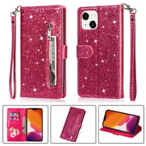 iPhone 13 Pro Wallet Case for Women/Girls,Dteck Bling Glitter Sparkly Girly Folio Leather Zipper Pocket Magnet Clasp Phone Case with 3 Card Holder,Strap and Stand for iPhone 13 Pro 6.1 Inch,Rose