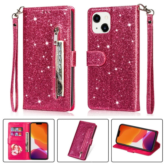 iPhone 13 Pro Max Wallet Case for Women/Girls,Dteck Bling Glitter Sparkly Girly Folio Leather Zipper Pocket Magnet Clasp Phone Case with 3 Card Holder,Strap and Standx, Rose