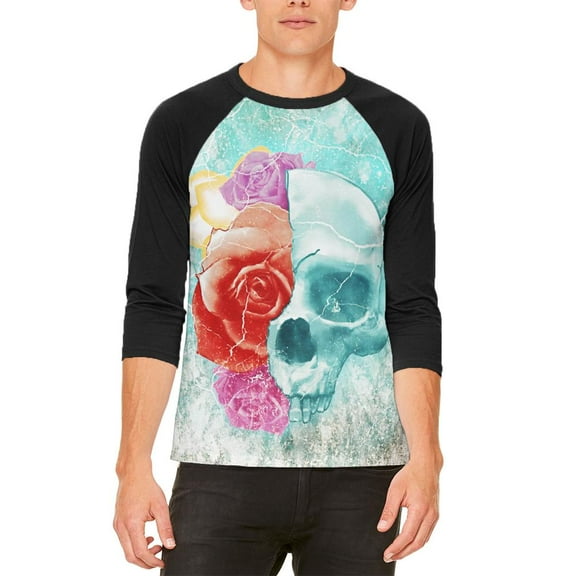 Halloween Distressed Skull and Flowers Mens Raglan T Shirt White-Black X-LG
