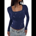 thumbnail image 3 of Camisetas de Larga con Cuello Cuadrado para Mujer - Camiseta Básica Ajustada Azul Marino XL, 3 of 7