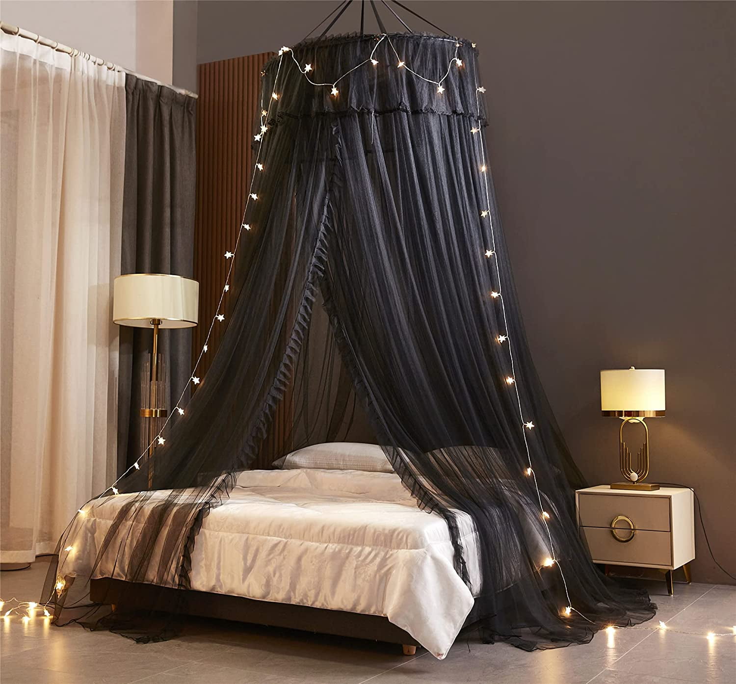 Princess Bed Canopy for Girls,Bed Canopy Curtain- Double Layer Sheer Mesh Dome Bed Curtain- Round Lace Princess Mosquito Net Tent (Double Black-2)