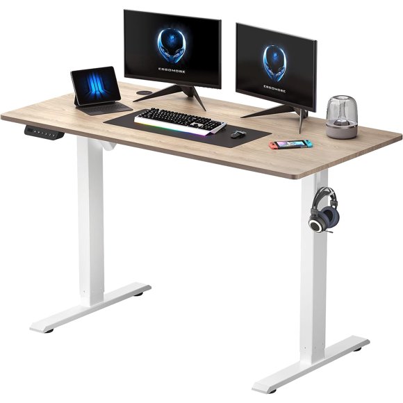 AIMEZO Poste de Travail Électrique Debout 48 x 24 Pouces, Poste de Travail Informatique de Bureau Entier à Hauteur Réglable avec 3 Préréglages de Mémoire, Idéal pour la Maison et le Bureau (Érable et Blanc)