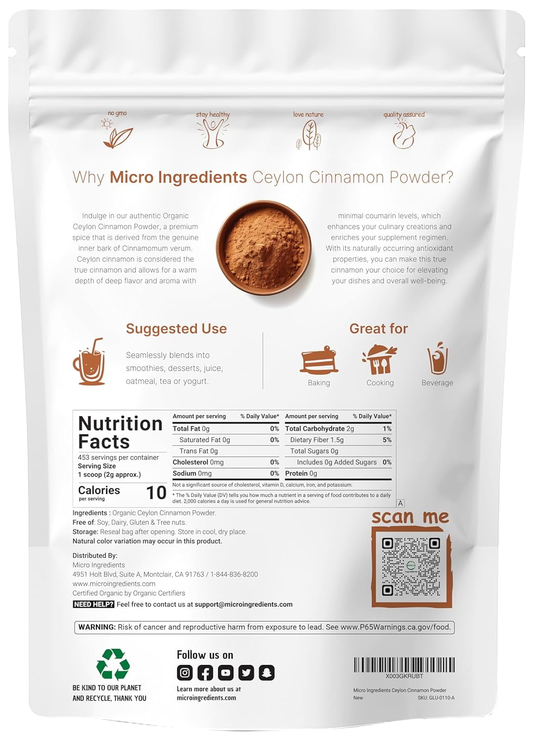 Micro Ingredients Organic Ceylon Cinnamon Powder, 2lb | Premium Sri Lanka Cinnamon for Spice & Seasoning Great for Baking, Cooking & Drinks