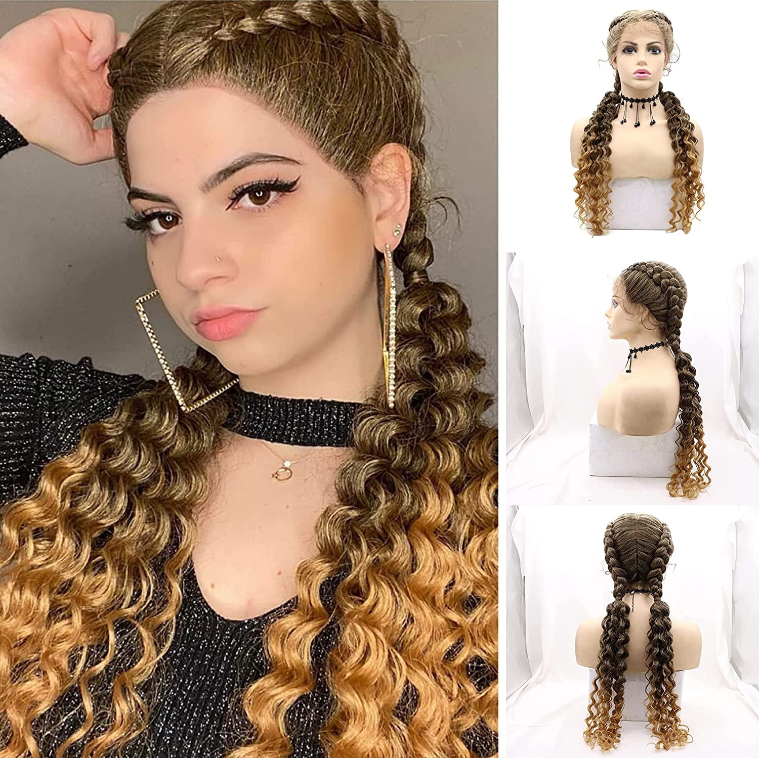 Brown Blonde Double Braids Loose Curly Synthetic Lace Front Wigs With