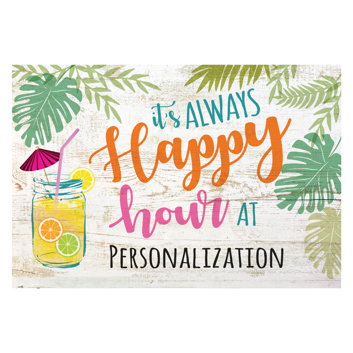 Personalized Planet 27x18 It's Always Happy Hour Doormat with Custom Family Name Printed on Colorful Rectangular 1/8” Thick Non Slip Mat for Kitchen Hallway Deck or Porch