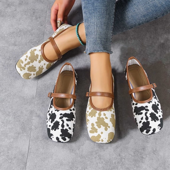 Women's Wide Width Cow Print Mary Jane Flats, Square Toe Soft Sole Casual Dress Shoes with Adjustable Strap for Spring & Fall, Multi-Color