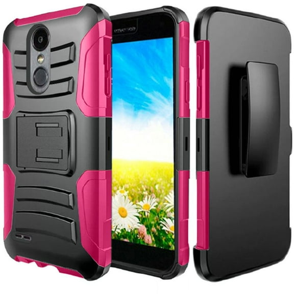 GSA Dual Layer Hybrid Holster Clip Case LG Aristo 2, Aristo 2 Plus, Tribute Dynasty Black, Hot Pink