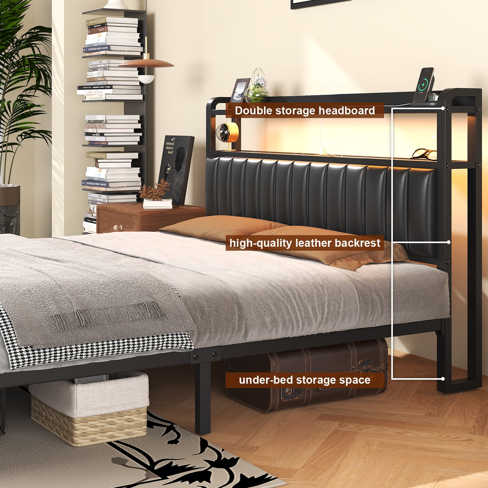 Full Size Bed Frame with LED Headboard, Metal Platform Bed with Storage Drawer, No Box Spring Needed