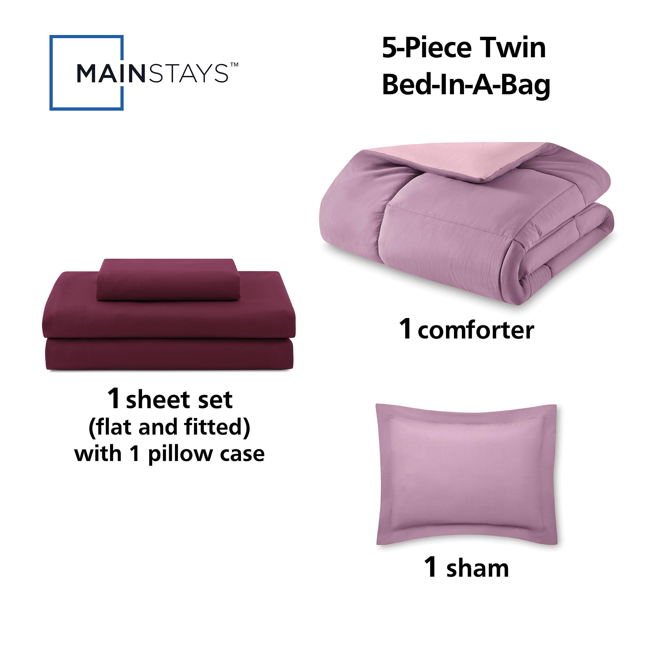 Mainstays 5-Piece Reversible Bed in a Bag Comforter and Sheet Set, Purple