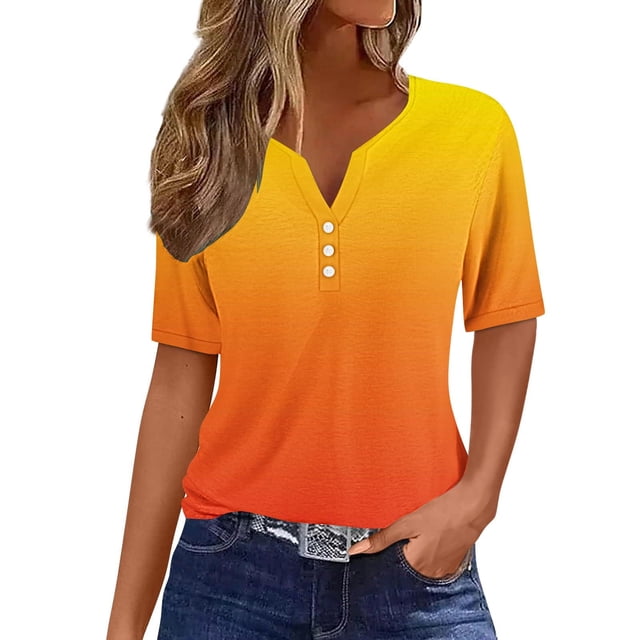 Tnhcen Blouse Basique à Col en V Dégradé pour Femmes - Manches Courtes Polyester Spandex (S-3TG) Tenue Décontractée d'Été