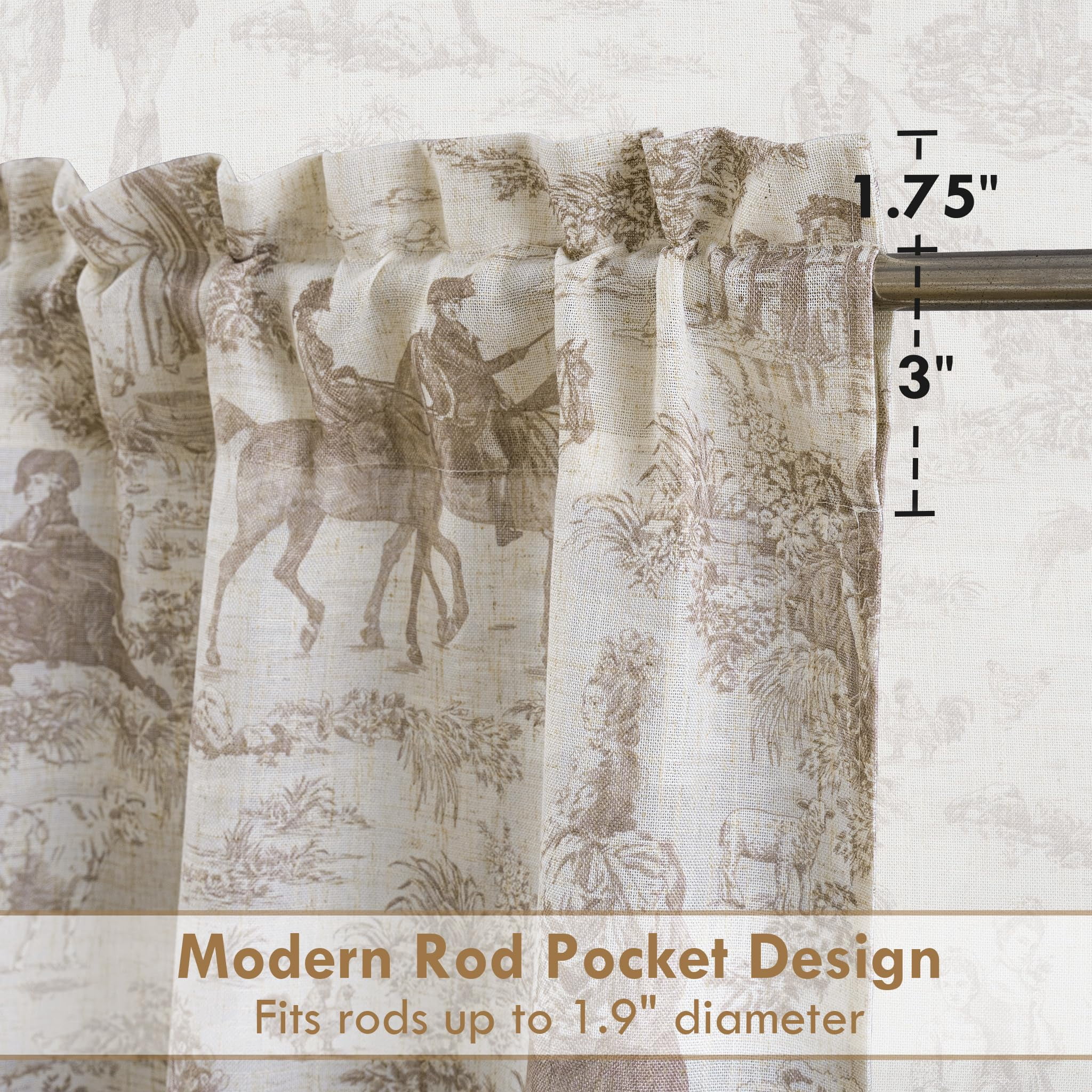 DriftAway Kitchen Curtains Toile Tier Linen Short Curtains Cafe 45 Inch Length for Living Room Bathroom Farmhouse French Country Vintage Printed Pattern Rod Pocket 2 Panels Beige