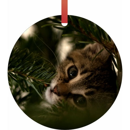 Ornaments with Cats Kitten Under a Christmas Tree Round Shaped Flat Semigloss Aluminum Christmas Ornament Tree