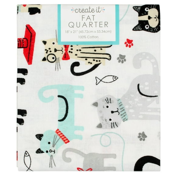 Create It 18"x21" 100% Cotton Playful Cats Precut Sewing & Craft Fabric, White 1 Piece