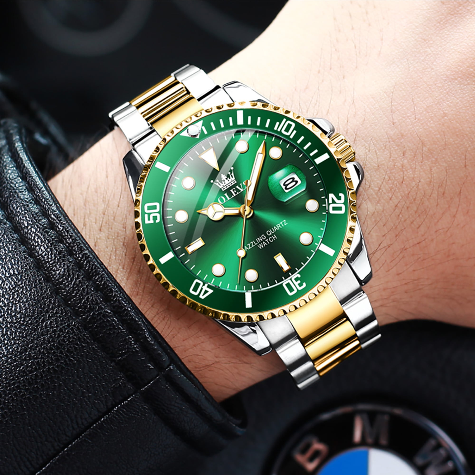 OLEVS Watches for Men Luxury Classic Dress Analog Quartz Fashion Two Tone Gold Plated Stainless Steel Date Waterproof Luminous Mens Wrist Watches Reloj Para Hombre Green/Black/Blue