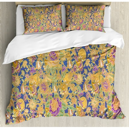 Vintage Style Bedding Sets Asian Queen Size Duvet Cover Set, Graphic Image of an Indonesian Batik Style Pattern with Flowers Traditional Vintage, Decorative 3 Piece Bedding Set with 2 Pillow Shams, Multicolor, by Ambesonne ()
