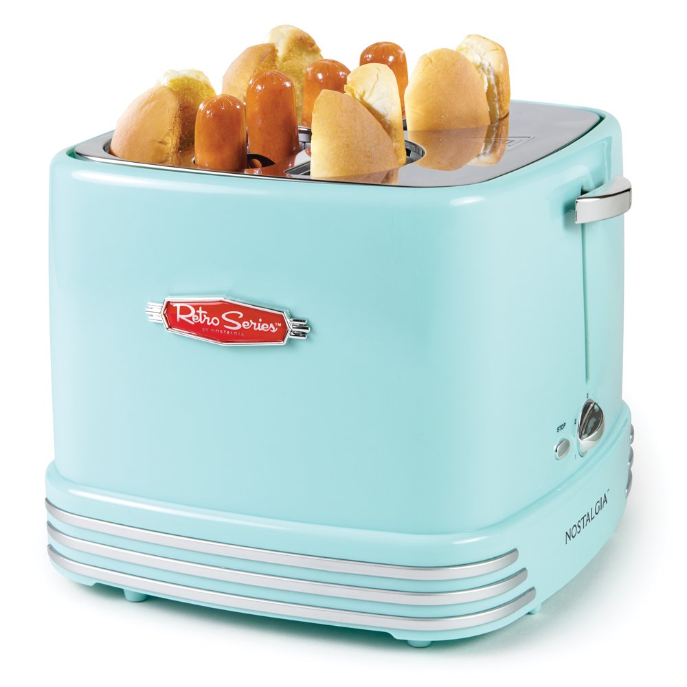 Nostalgia RHDT800AQ Retro PopUp Hot Dog Toaster, 4 Link and 4 Bun Capacity with Mini Tongs