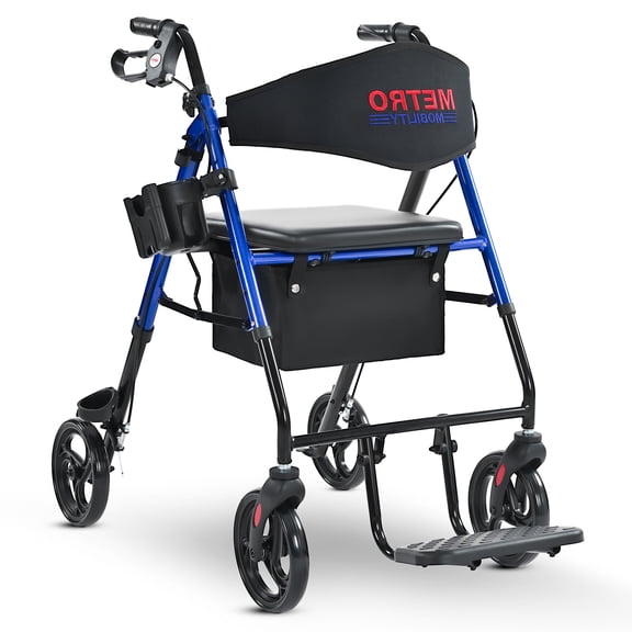 Foldable Rollator Walkers with Padded Seat for Seniors, 300 lb Capacity, Lightweight Rolling Walker with 8" PVC Wheels for All Terrain, Blue