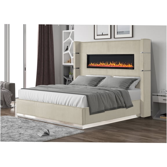 JERFIT Modern King Size Bed with LED Fireplace Bluetooth Speakers, Beige Velvet Upholstery, Wood Frame, No Box Spring Needed
